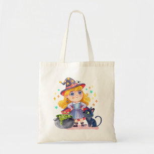 かわいい小さな魔女と黒猫 トートバッグ