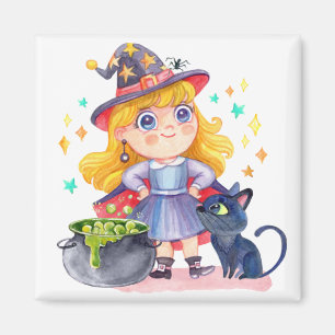 かわいい小さな魔女と黒猫 マグネット