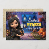 かわいい小さな魔女のスペクタキュラーな誕生日招待状 招待状 (正面/裏面)