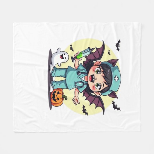 かわいい小さな魔女ナースハロウィンプレミアムTシャツ フリースブランケット (正面(横))