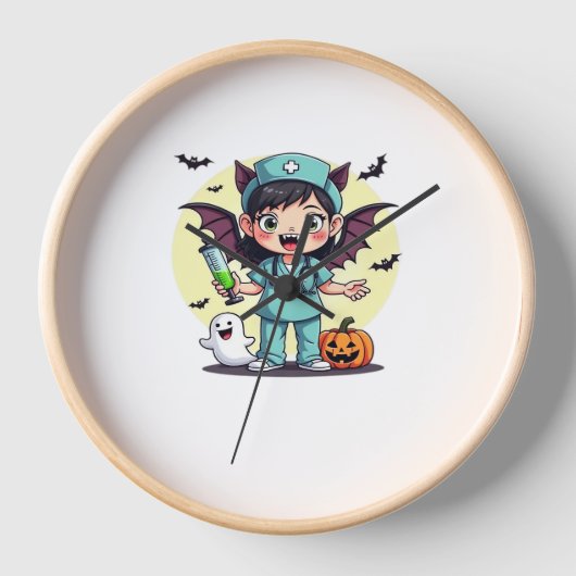 かわいい小さな魔女ナースハロウィンプレミアムTシャツ 壁時計 (正面)