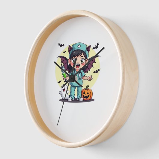 かわいい小さな魔女ナースハロウィンプレミアムTシャツ 壁時計 (傾斜)