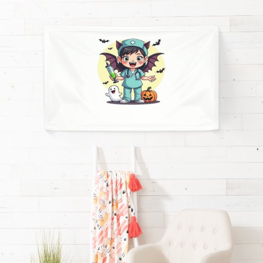 かわいい小さな魔女ナースハロウィンプレミアムTシャツ 横断幕 (インサイチュ)