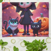 かわいい小さな魔女ネコとカボチャカスタムン キッチンタオル (折り畳み)