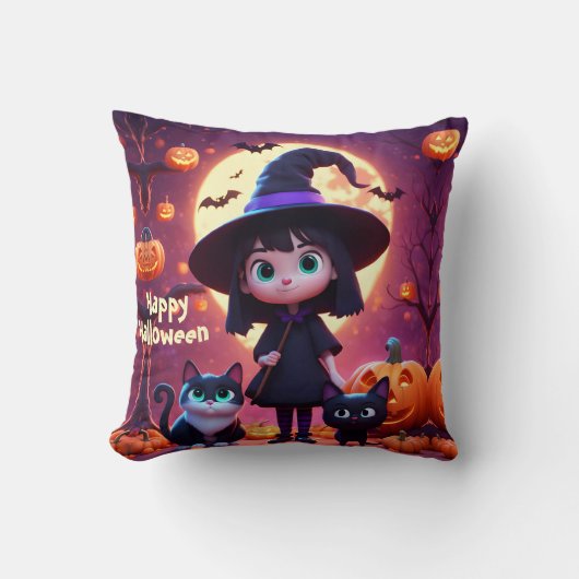 かわいい小さな魔女ネコとカボチャカスタムン クッション (正面)