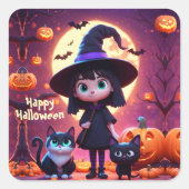 かわいい小さな魔女ネコとカボチャカスタムン スクエアシール (正面)