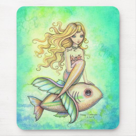 かわいい小さな魚と人魚の幻想的なアート マウスパッド (正面)