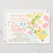 かわいい小さな鳥の花春女の子ベビーシャワー 招待状 (正面)