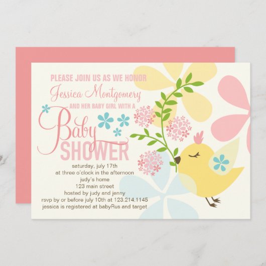 かわいい小さな鳥の花春女の子ベビーシャワー 招待状 (正面/裏面)