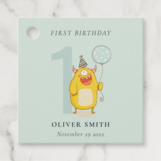 かわいい小さな黄色のアクアモンスタニーエイジ誕生日 フェイバータグ (正面)
