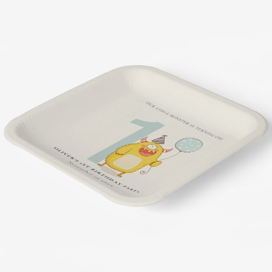 かわいい小さな黄色のアクアモンスタニーエイジ誕生日 ペーパープレート (傾斜あり)