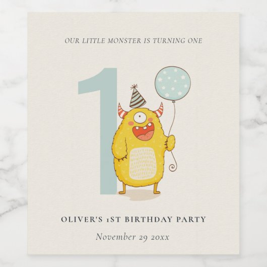 かわいい小さな黄色のアクアモンスタニーエイジ誕生日 ワインラベル (シングルラベル)