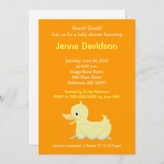 かわいい小さな黄色のアヒル赤ちゃんシャワー招待状 招待状 (正面/裏面)