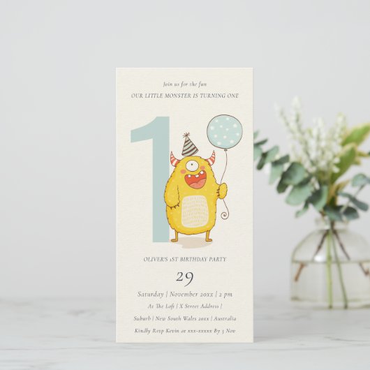 かわいい小さな黄色のモンスター任意の年齢誕生日招待状 サンキューカード (スタンド正面)