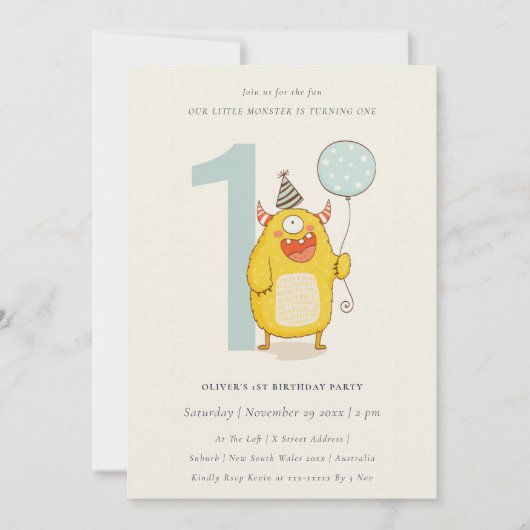 かわいい小さな黄色のモンスター任意の年齢誕生日招待状 サンキューカード (正面)