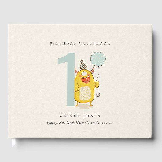 かわいい小さな黄色のモンスター任意の年齢誕生日 ゲストブック (正面)