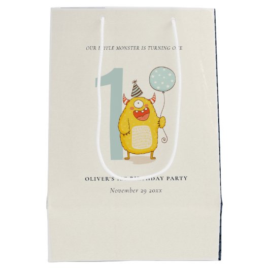 かわいい小さな黄色のモンスター任意の年齢誕生日 ミディアムペーパーバッグ (裏面)