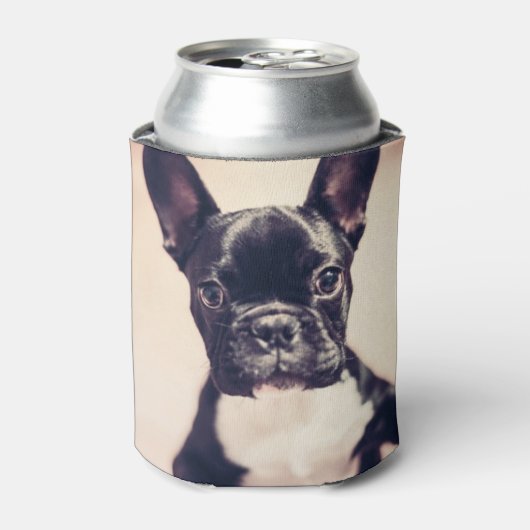 かわいい小さな黒と白の子犬 缶クーラー (缶正面)