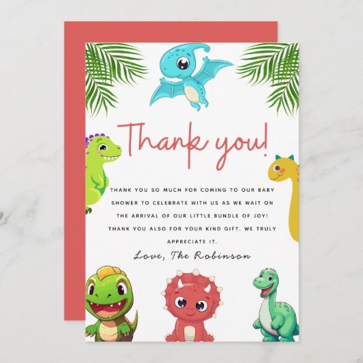 かわいい小さなDino赤ちゃんシャワー サンキューカード (正面/裏面)