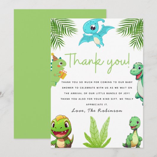 かわいい小さなDino赤ちゃんシャワー サンキューカード (正面/裏面)