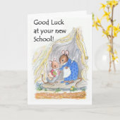 かわいい小ねずみが新しい学校 カード (黄色い花)