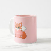かわいい小キツネピンクにハートを持って ツートーンマグカップ (正面左)