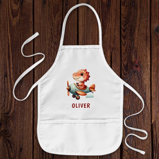 かわいい小パイロット恐竜飛んでいる飛行機 子供用エプロン