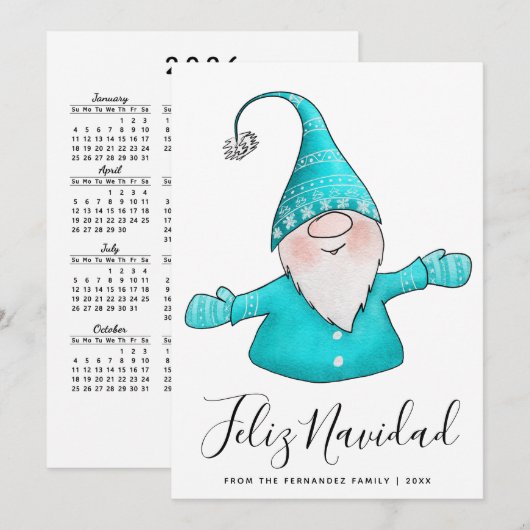 かわいい小人のターコイズブルー フェリズ ナビダッド 2026 カレンダー シーズンカード (正面/裏面)