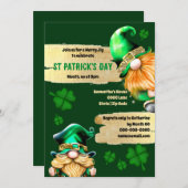 かわいい小人の妖精 ゴールド グリーン クローバー 休日 招待状 (正面/裏面)