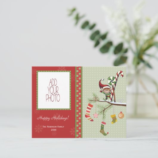 かわいい小妖精や小人およびクリスマスのソックス シーズンポストカード (スタンド正面)