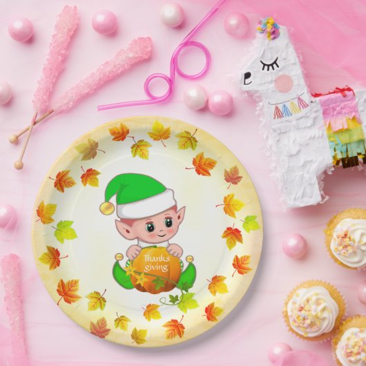 かわいい小妖精や小人と紅葉感謝祭紙プレート ペーパープレート (パーティー)