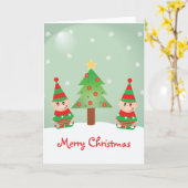 かわいい小妖精や小人と雪片の付いたクリスマスツリー カード (黄色い花)