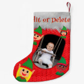 かわいい小妖精や小人カスタム写真名文字レッドクロシェプリント スモールクリスマスストッキング (裏面)