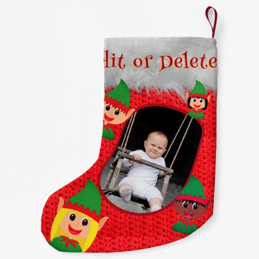 かわいい小妖精や小人カスタム写真名文字レッドクロシェプリント スモールクリスマスストッキング (裏面)