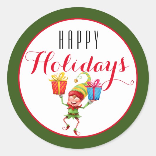 かわいい小妖精や小人ギフト付きハッピーホリデイ/グリーン ラウンドシール (正面)