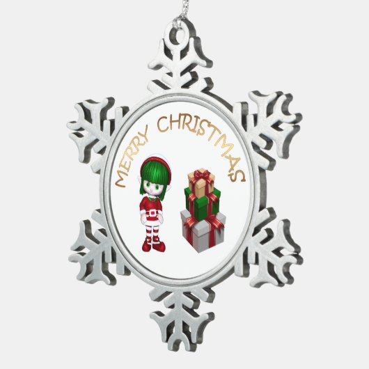 かわいい小妖精や小人クリスマス スノーフレークピューターオーナメント (右)