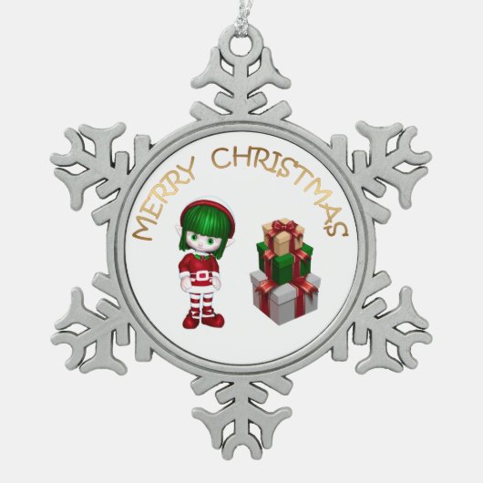 かわいい小妖精や小人クリスマス スノーフレークピューターオーナメント (正面)
