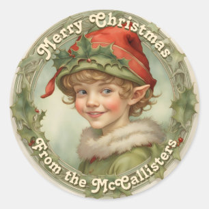 かわいい小妖精や小人ボーイパーソナライズされたメリークリスマス ラウンドシール