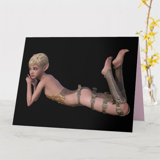 かわいい小妖精や小人レザーガールファンタジー誕生日カード カード (黄色い花)