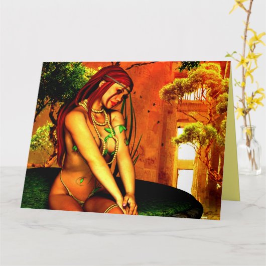 かわいい小妖精や小人女性芸術ファンタジー誕生日カード カード (黄色い花)