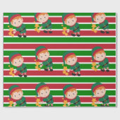 かわいい小妖精や小人赤と緑のストライプクリスマス ラッピングペーパー (フラット)