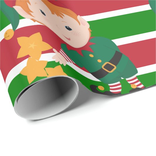 かわいい小妖精や小人赤と緑のストライプクリスマス ラッピングペーパー (ロールコーナー)