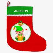 かわいい小妖精や小人&クリスマスベルの赤 ラージクリスマスストッキング (正面)