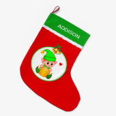 かわいい小妖精や小人&クリスマスベルの赤 ラージクリスマスストッキング (正面 (吊り時))
