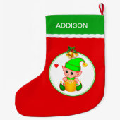 かわいい小妖精や小人&クリスマスベルの赤 ラージクリスマスストッキング (裏面)