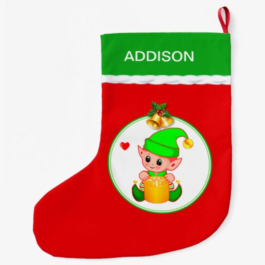 かわいい小妖精や小人&クリスマスベルの赤 ラージクリスマスストッキング (裏面)