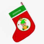 かわいい小妖精や小人&クリスマスベルの赤 ラージクリスマスストッキング (裏面 (吊り時))