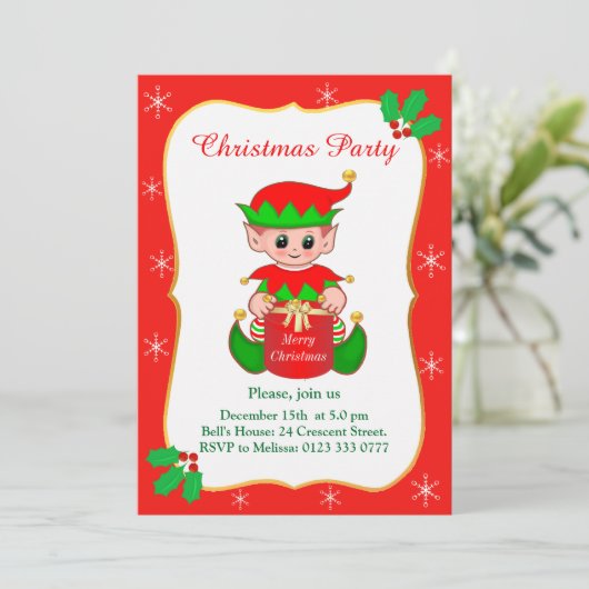 かわいい小妖精や小人&スノーフレークスクリスマスパーティの招待状 招待状 (スタンド正面)