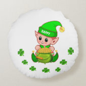 かわいい小妖精や小人、金ゴールドのポット&白の上の幸運なシャムロック ラウンドクッション (裏面)