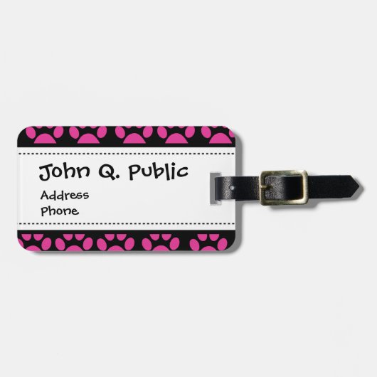 かわいい小犬の足はショッキングピンクの黒を印刷します ラゲッジタグ (正面横)